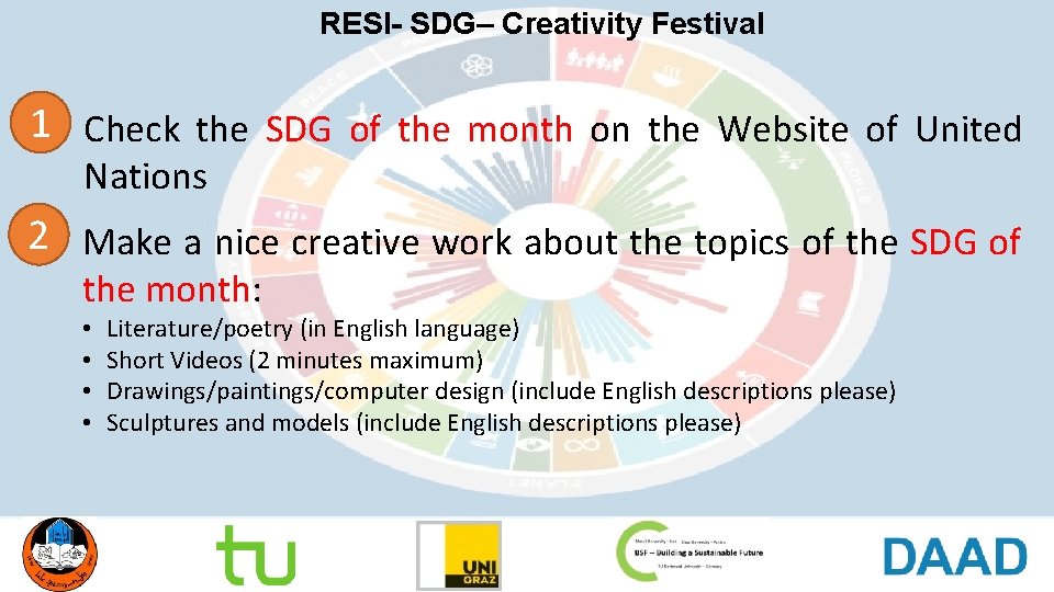 RESI- SDG– Creativity Festival 1 Check the SDG of the month on the Website