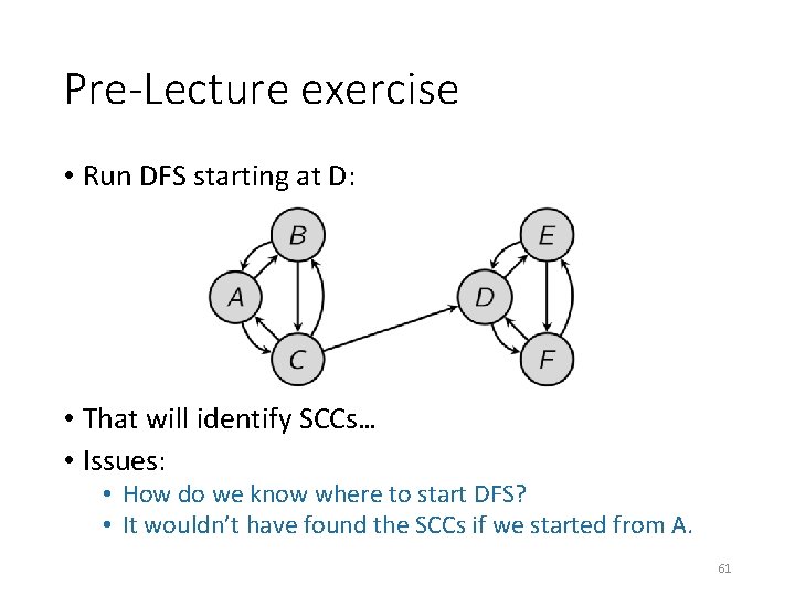 Pre-Lecture exercise • Run DFS starting at D: • That will identify SCCs… •