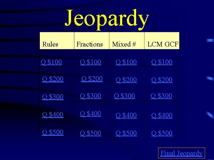 Jeopardy Rules Fractions Mixed # LCM GCF Q $100 Q $200 Q $300 Q