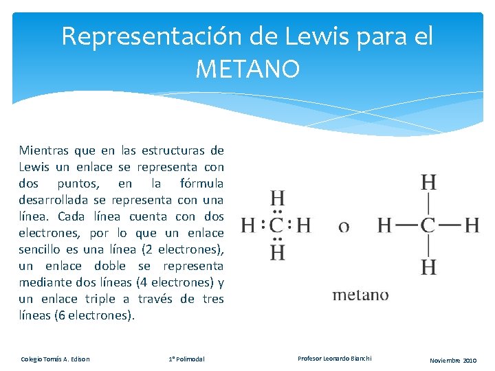 Representación de Lewis para el METANO Mientras que en las estructuras de Lewis un Representación de Lewis para el METANO Mientras que en las estructuras de Lewis un