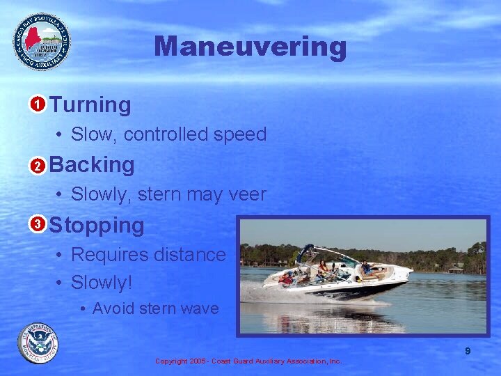 Maneuvering • 1 Turning • Slow, controlled speed • 2 Backing • Slowly, stern