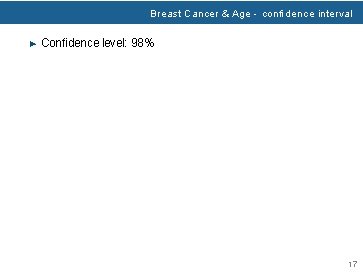 Breast Cancer & Age - conﬁdence interval ▶ Conﬁdence level: 98% 17 