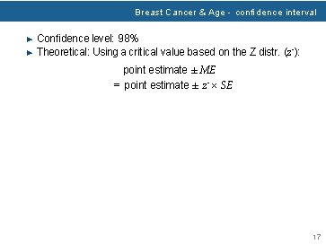 Breast Cancer & Age - conﬁdence interval ▶ Conﬁdence level: 98% ▶ Theoretical: Using