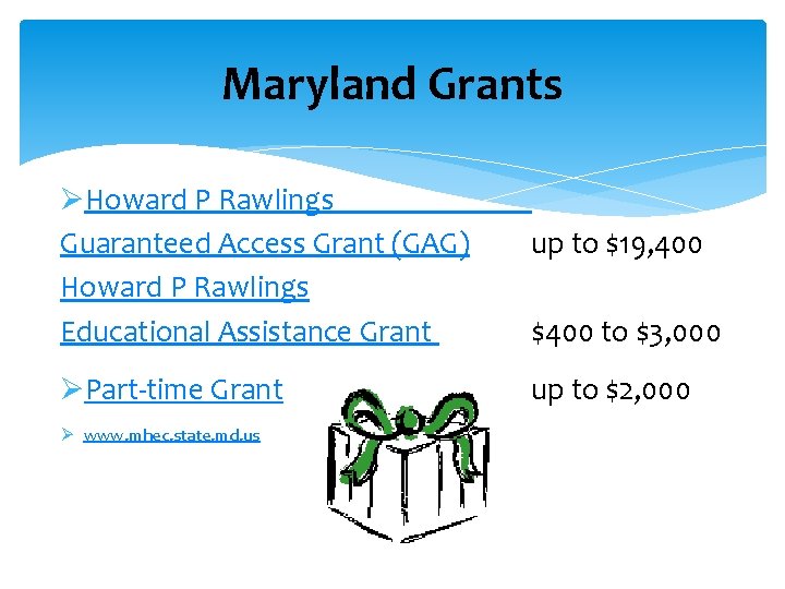 Maryland Grants ØHoward P Rawlings Guaranteed Access Grant (GAG) Howard P Rawlings Educational Assistance