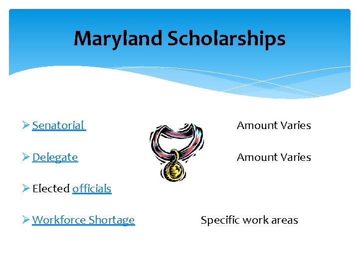 Maryland Scholarships Ø Senatorial Amount Varies Ø Delegate Amount Varies Ø Elected officials Ø