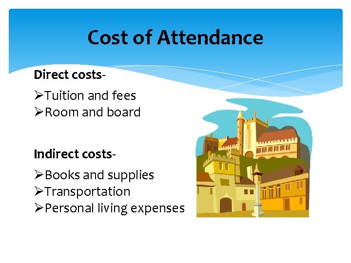 Cost of Attendance Direct costs- ØTuition and fees ØRoom and board Indirect costs- ØBooks