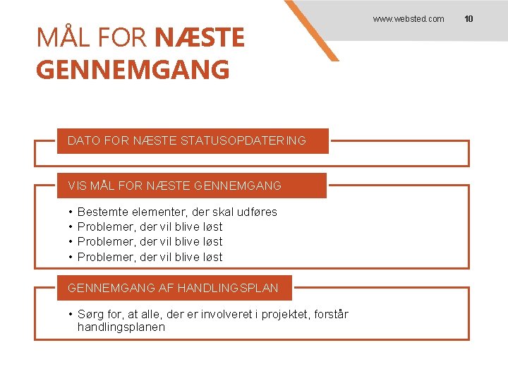 MÅL FOR NÆSTE GENNEMGANG DATO FOR NÆSTE STATUSOPDATERING VIS MÅL FOR NÆSTE GENNEMGANG •