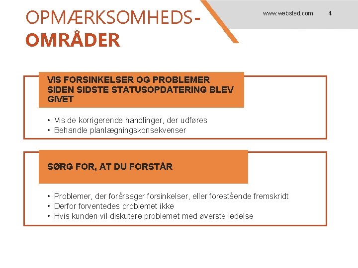 OPMÆRKSOMHEDSOMRÅDER www. websted. com VIS FORSINKELSER OG PROBLEMER SIDEN SIDSTE STATUSOPDATERING BLEV GIVET •