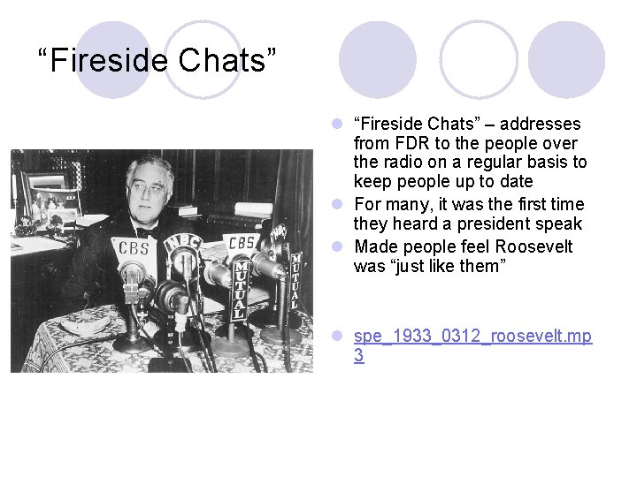 “Fireside Chats” l “Fireside Chats” – addresses from FDR to the people over the