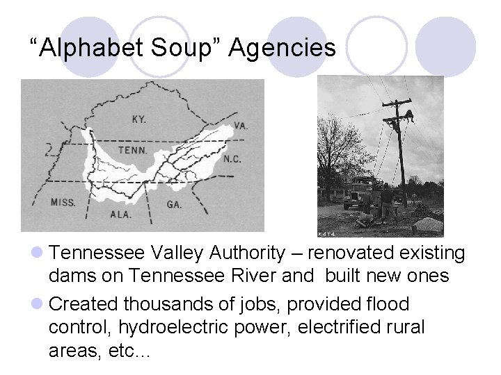 “Alphabet Soup” Agencies l Tennessee Valley Authority – renovated existing dams on Tennessee River