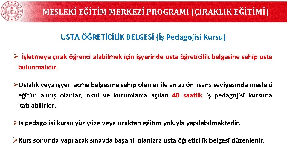 MESLEKİ EĞİTİM MERKEZİ PROGRAMI (ÇIRAKLIK EĞİTİMİ) USTA ÖĞRETİCİLİK BELGESİ (İş Pedagojisi Kursu) Ø İşletmeye