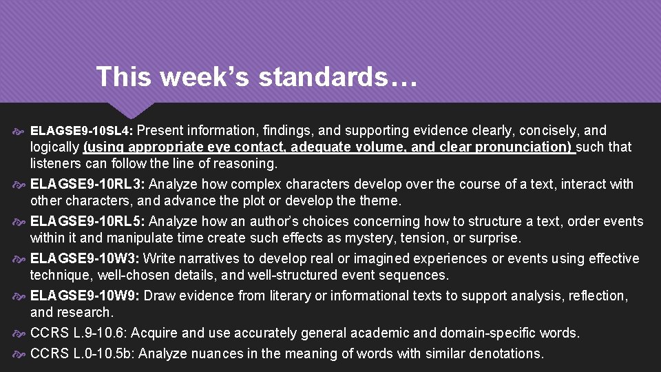 This week’s standards… ELAGSE 9 -10 SL 4: Present information, findings, and supporting evidence