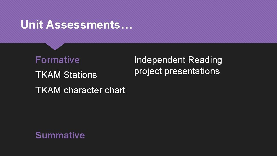 Unit Assessments… Formative TKAM Stations TKAM character chart Summative Independent Reading project presentations 