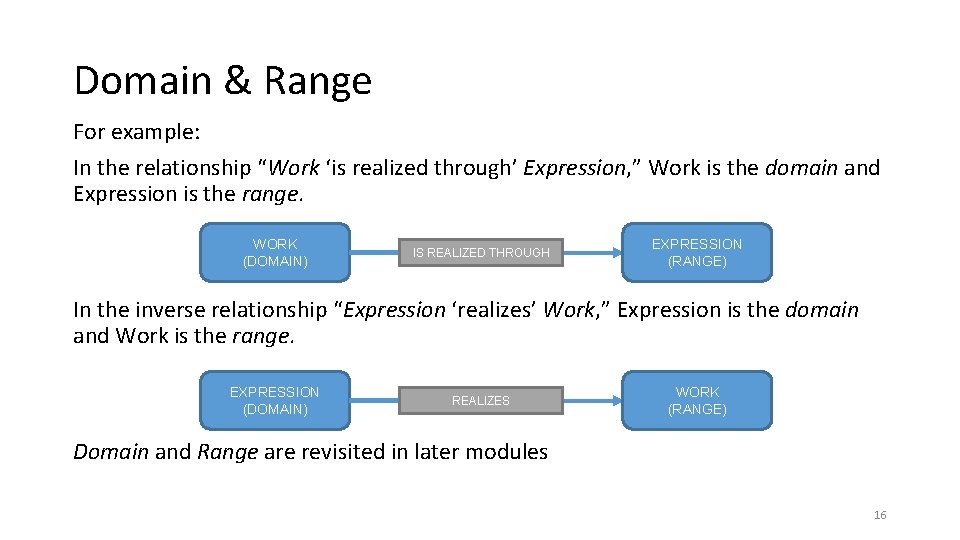 Domain & Range For example: In the relationship “Work ‘is realized through’ Expression, ”