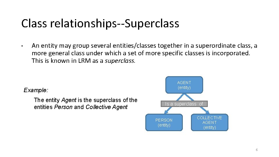 Class relationships--Superclass • An entity may group several entities/classes together in a superordinate class,