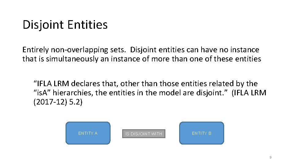 Disjoint Entities Entirely non-overlapping sets. Disjoint entities can have no instance that is simultaneously