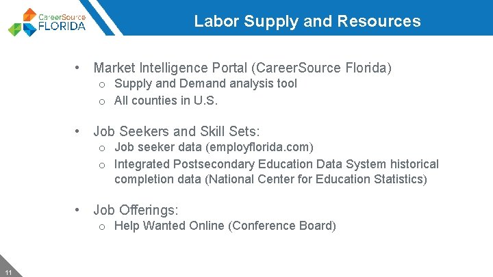 Labor Supply and Resources • Market Intelligence Portal (Career. Source Florida) o Supply and