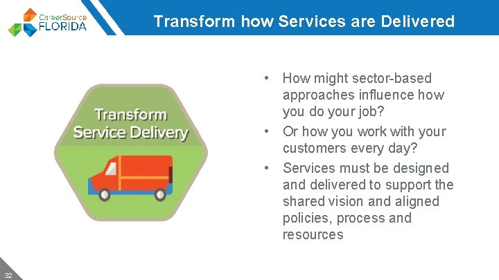 Transform how Services are Delivered • How might sector-based approaches influence how you do