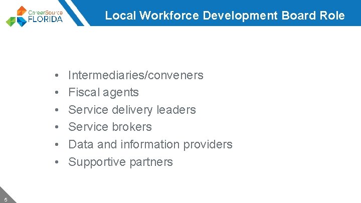 Local Workforce Development Board Role • • • 5 Intermediaries/conveners Fiscal agents Service delivery