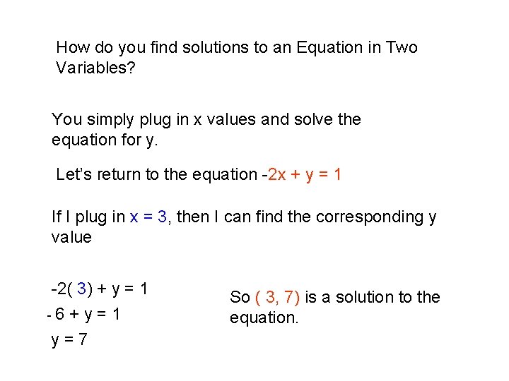 How do you find solutions to an Equation in Two Variables? You simply plug