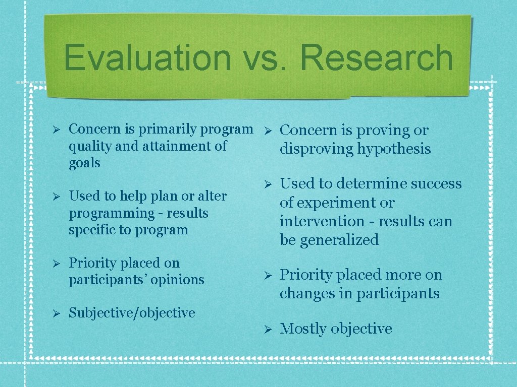 Evaluation vs. Research Ø Concern is primarily program Ø Concern is proving or quality