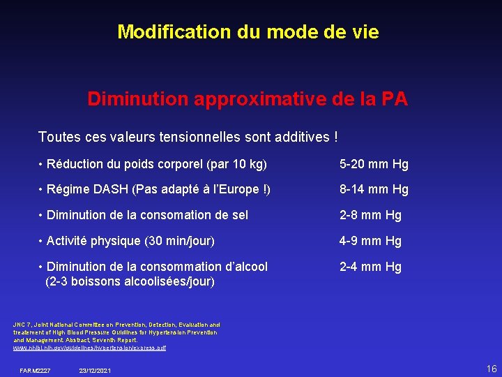 Modification du mode de vie Diminution approximative de la PA Toutes ces valeurs tensionnelles