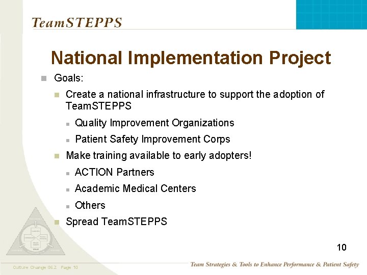 National Implementation Project n Goals: n n n Create a national infrastructure to support