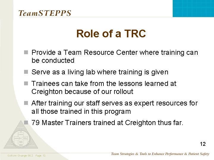 Role of a TRC n Provide a Team Resource Center where training can be