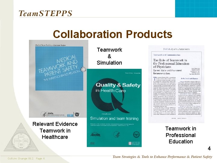 Collaboration Products Teamwork & Simulation Relevant Evidence Teamwork in Healthcare Teamwork in Professional Education