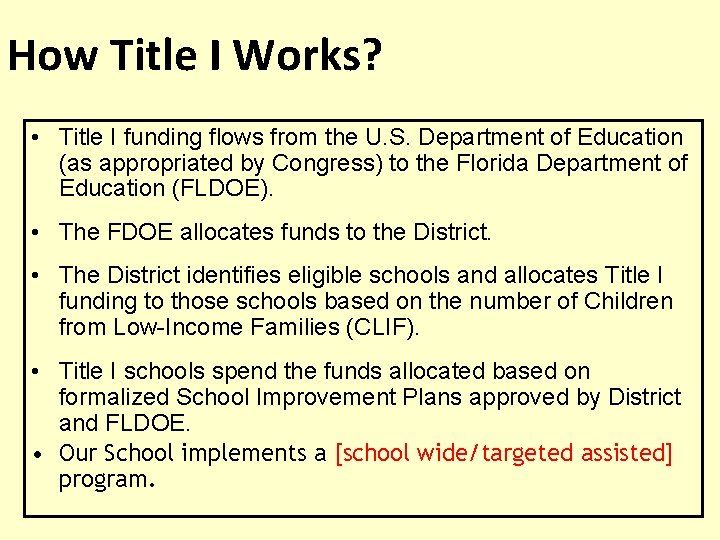 How Title I Works? • Title I funding flows from the U. S. Department