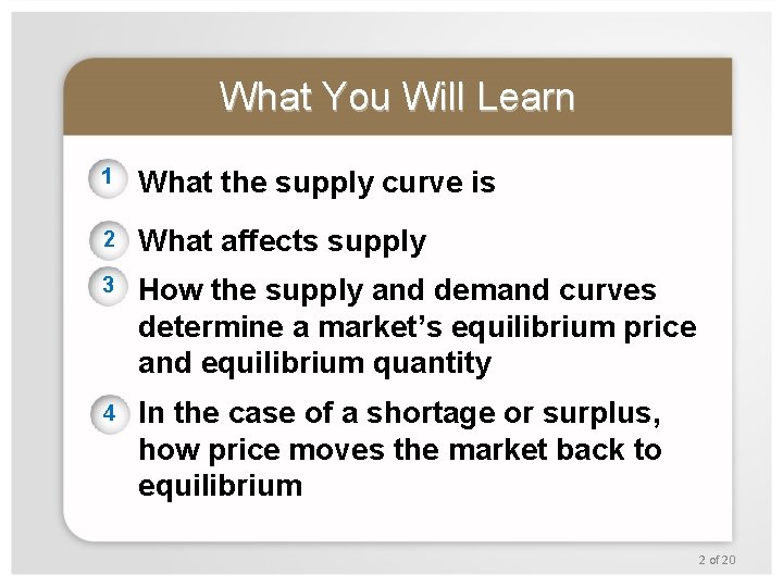 What You Will Learn 1 What the supply curve is 2 What affects supply