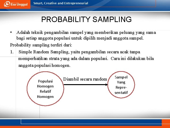 PROBABILITY SAMPLING • Adalah teknik pengambilan sampel yang memberikan peluang yang sama bagi setiap