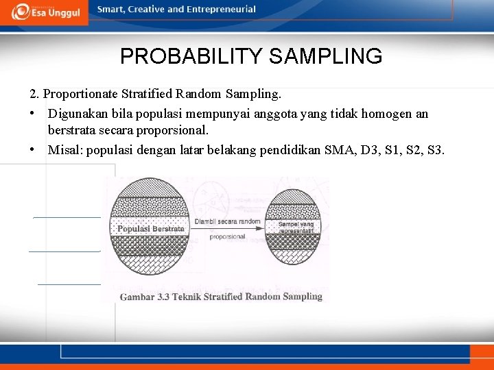 PROBABILITY SAMPLING 2. Proportionate Stratified Random Sampling. • Digunakan bila populasi mempunyai anggota yang