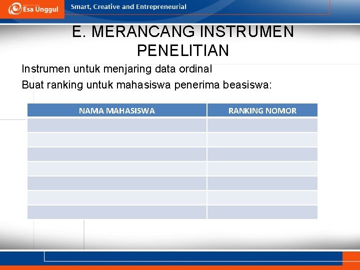 E. MERANCANG INSTRUMEN PENELITIAN Instrumen untuk menjaring data ordinal Buat ranking untuk mahasiswa penerima