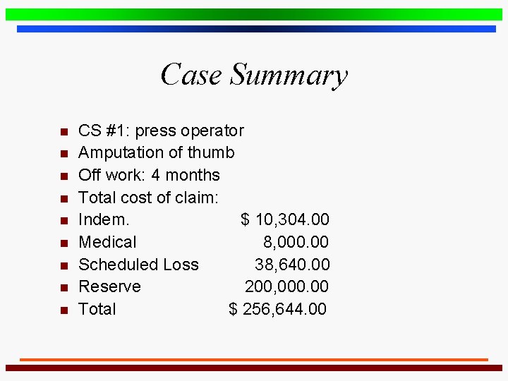 Case Summary n n n n n CS #1: press operator Amputation of thumb