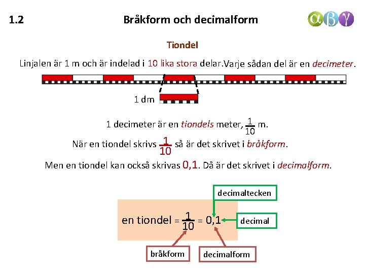 1. 2 Bråkform och decimalform Tiondel Linjalen är 1 m och är indelad i