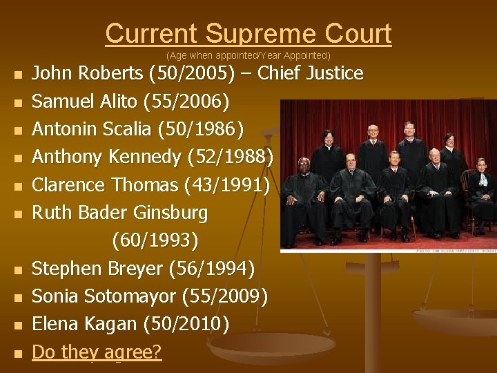 Current Supreme Court (Age when appointed/Year Appointed) n n n n n John Roberts