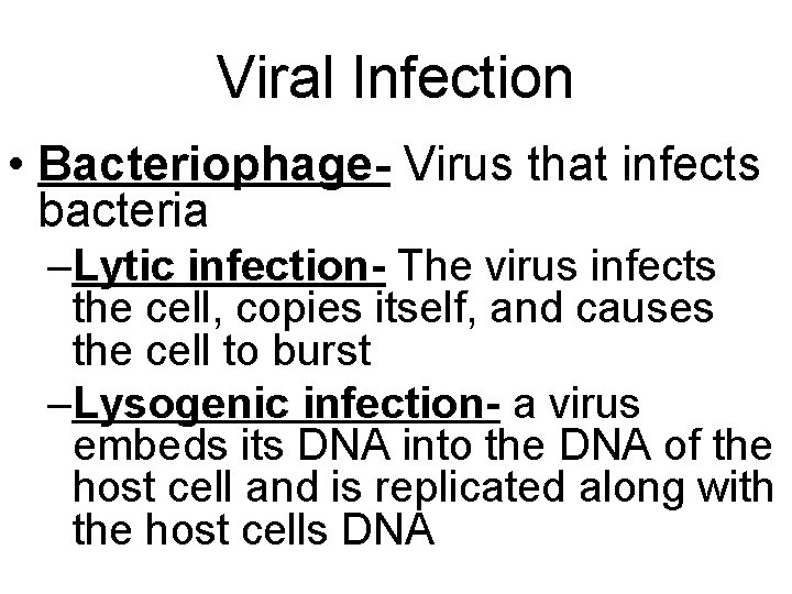 Viral Infection • Bacteriophage- Virus that infects bacteria –Lytic infection- The virus infects the Viral Infection • Bacteriophage- Virus that infects bacteria –Lytic infection- The virus infects the