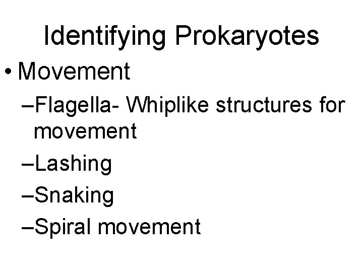 Identifying Prokaryotes • Movement –Flagella- Whiplike structures for movement –Lashing –Snaking –Spiral movement Identifying Prokaryotes • Movement –Flagella- Whiplike structures for movement –Lashing –Snaking –Spiral movement