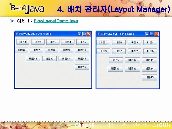 4. 배치 관리자(Layout Manager) 예제 1 : Flow. Layout. Demo. java Chap 16 그래피컬