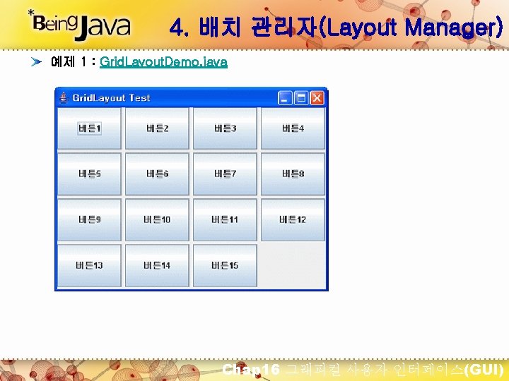 4. 배치 관리자(Layout Manager) 예제 1 : Grid. Layout. Demo. java Chap 16 그래피컬