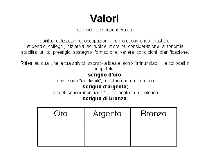 Valori Considera i seguenti valori: abilità, realizzazione, occupazione, carriera, comando, giustizia, stipendio, colleghi, iniziativa,