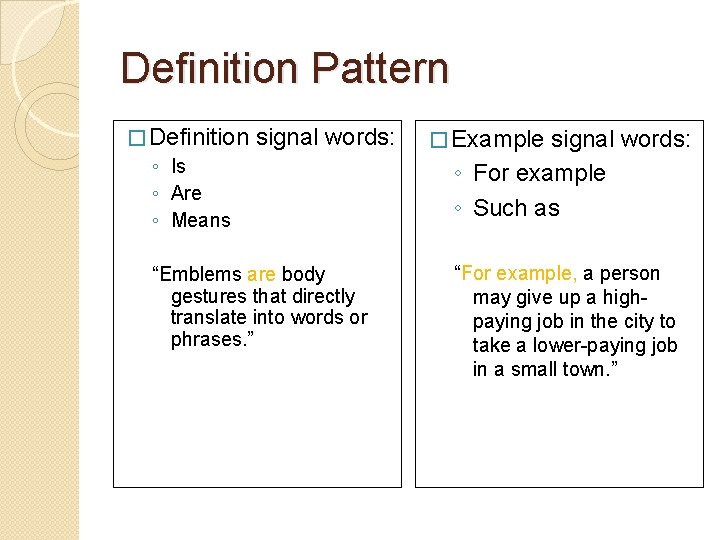 Definition Pattern � Definition ◦ Is ◦ Are ◦ Means signal words: “Emblems are
