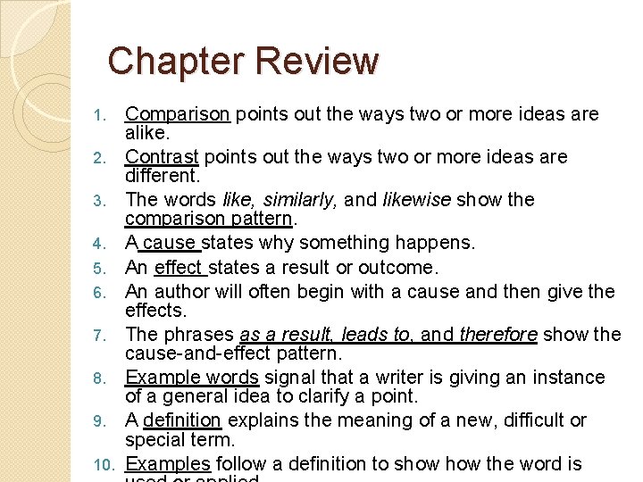 Chapter Review 1. 2. 3. 4. 5. 6. 7. 8. 9. 10. Comparison points