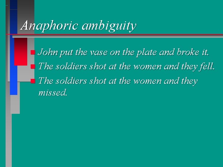 Anaphoric ambiguity John put the vase on the plate and broke it. n The