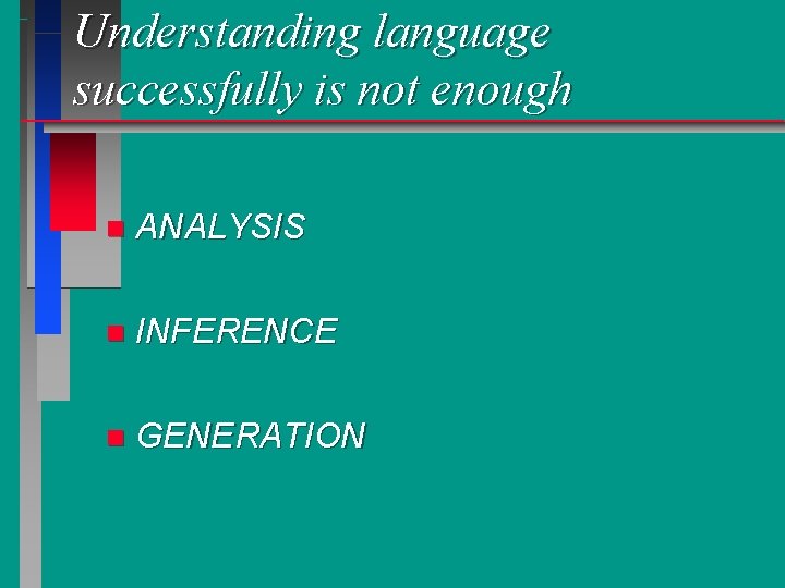 Understanding language successfully is not enough n ANALYSIS n INFERENCE n GENERATION 