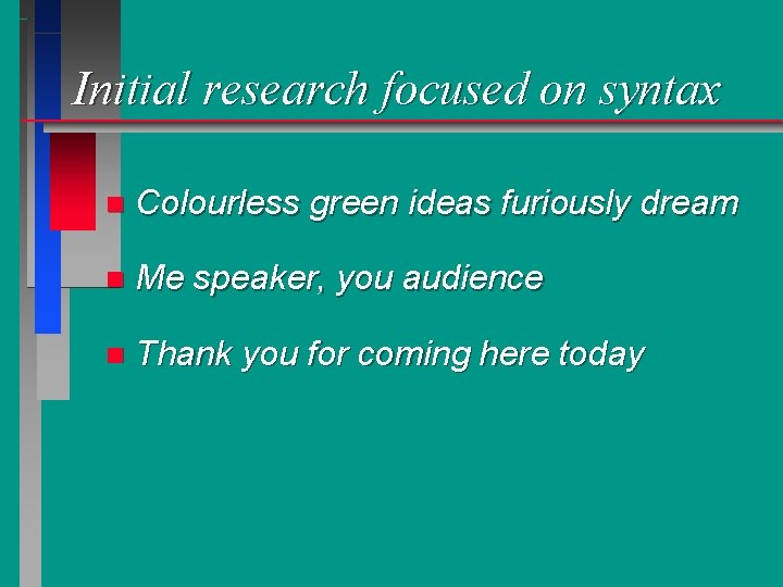 Initial research focused on syntax n Colourless green ideas furiously dream n Me speaker,