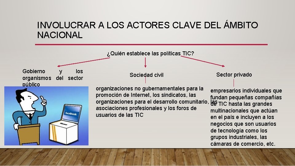 INVOLUCRAR A LOS ACTORES CLAVE DEL ÁMBITO NACIONAL ¿Quién establece las políticas TIC? Gobierno