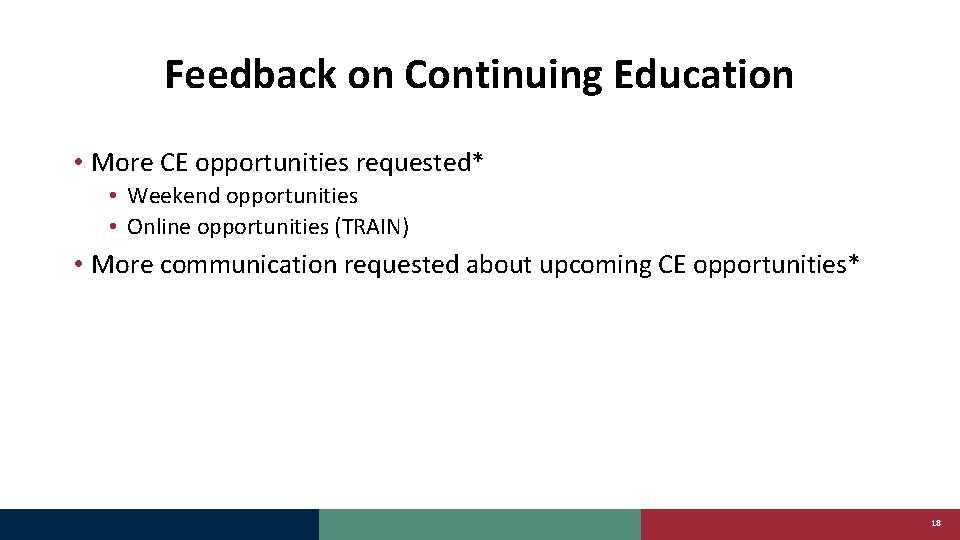 Feedback on Continuing Education • More CE opportunities requested* • Weekend opportunities • Online