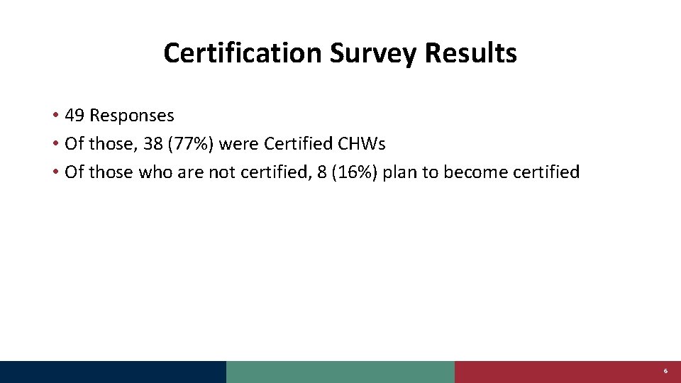 Certification Survey Results • 49 Responses • Of those, 38 (77%) were Certified CHWs